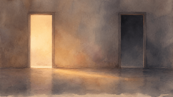 Watercolor of two simple thresholds in a dim neutral interior: one filled with warm light, one shadowed and empty, with a soft golden wash blending between them.