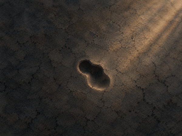 Solid clay ground, mostly dark with a hint of light, with a random shaped impression in the middle of the clay.