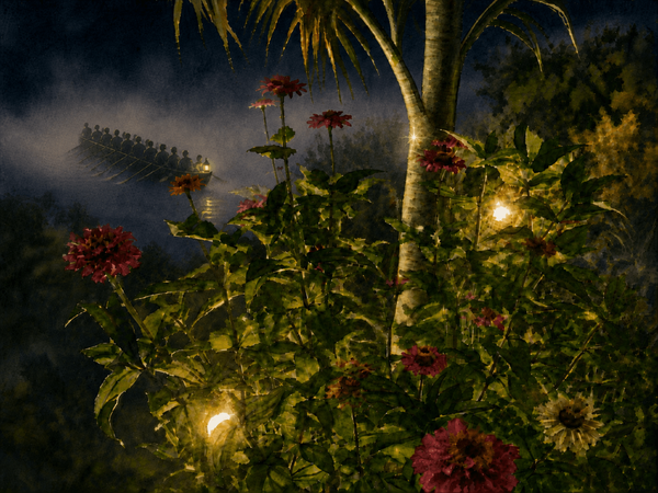A watercolor night garden glows with a palm tree, surrounded by green foliage and red flowers. In the misty water beyond, a rowboat, indistinct figures move toward the palm.