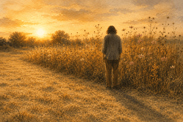 A lone figure stands at the edge of cut golden stubble and tall pink wildflowers at sunset. Warm watercolor light, mournful backyard scene.