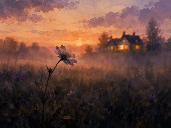 A lone wildflower stands in foreground shadow, turned toward a softly glowing house in the hazy dusk distance. Warm watercolor light, blurred trees, tender sense of longing.