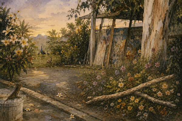 Watercolor landscape portrait of eucalyptus branches surrounded by flowers and animals. 