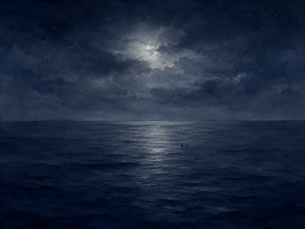 Two souls, faintly visible, deep off in a dark ocean under a shy moonlight.
