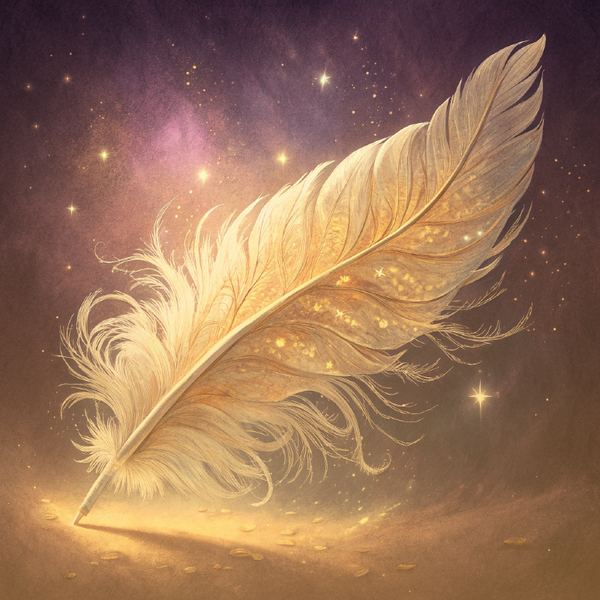 Light feather quill landing gently with a velvet sky.