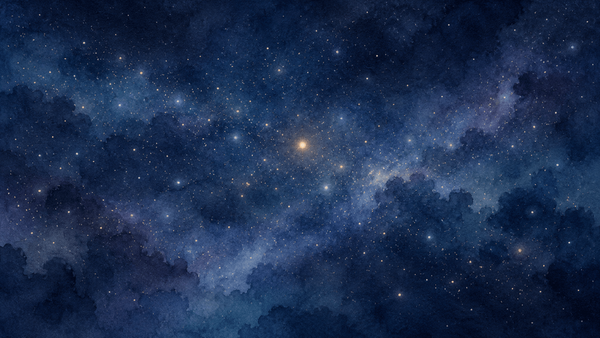 Countless tiny lights in an indigo watercolor sky, one a little warmer near the center, among the rest.