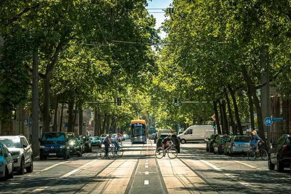 Sonnige Strasse in Leipzig mit Tram, Fahrradfahrern und Autos