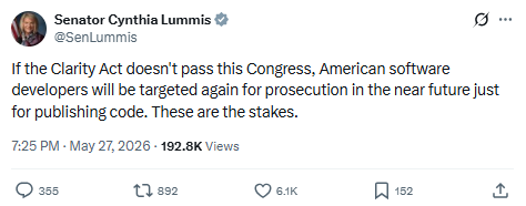 Sen. Lummis' X post about the risks for developers if the Clarity Act doesn't pass.
