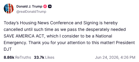 Trump's post - The CBDC ban doesn't get signed until the SAVE AMERICA ACT is approved