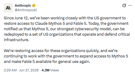 Anthropic is restoring access to Mythos to a group of organizations selected by the US government