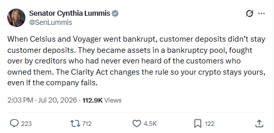 Senator Cynthia Lummis argued publicly on 20 July 2026 that the CLARITY Act would keep customer holdings out of a bankruptcy estate