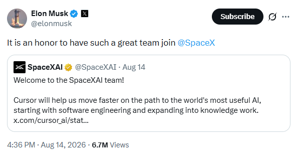 Elon Musk welcomes Cursor after the acquisition.