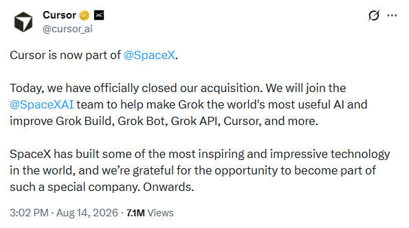 Cursor confirms the acqusition on X.