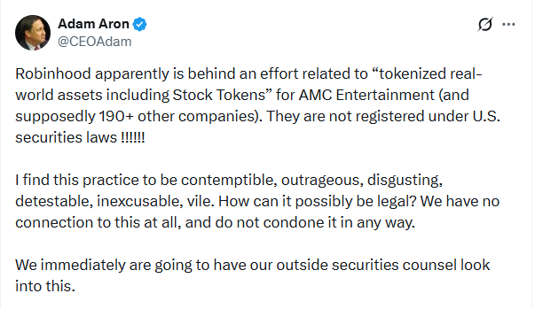 AMC Entertainment CEO Adam Aron challenged Robinhood on 3 September 2026 after AMC-linked Stock Tokens appeared in Robinhood's offering.