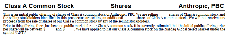 Anthropic's S-1 filing: share count and price range left blank