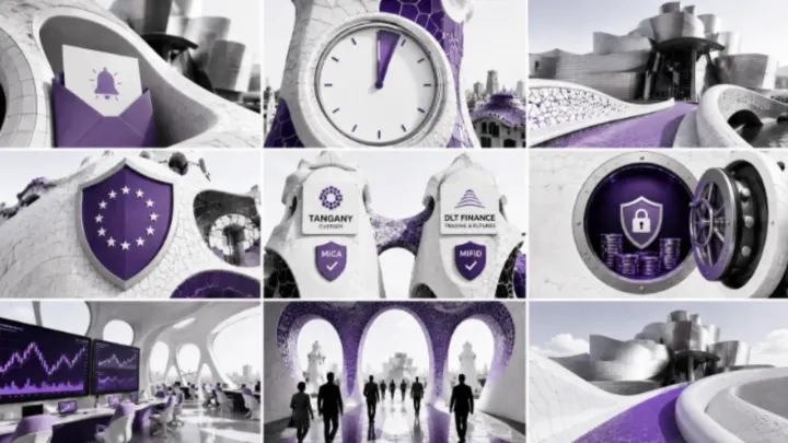 Nexo Confirms Uninterrupted EEA Service Before MiCA's Deadline: A nine-panel narrative arc showing a seamless MiCA transition, regulated partnerships and uninterrupted EEA customer services.