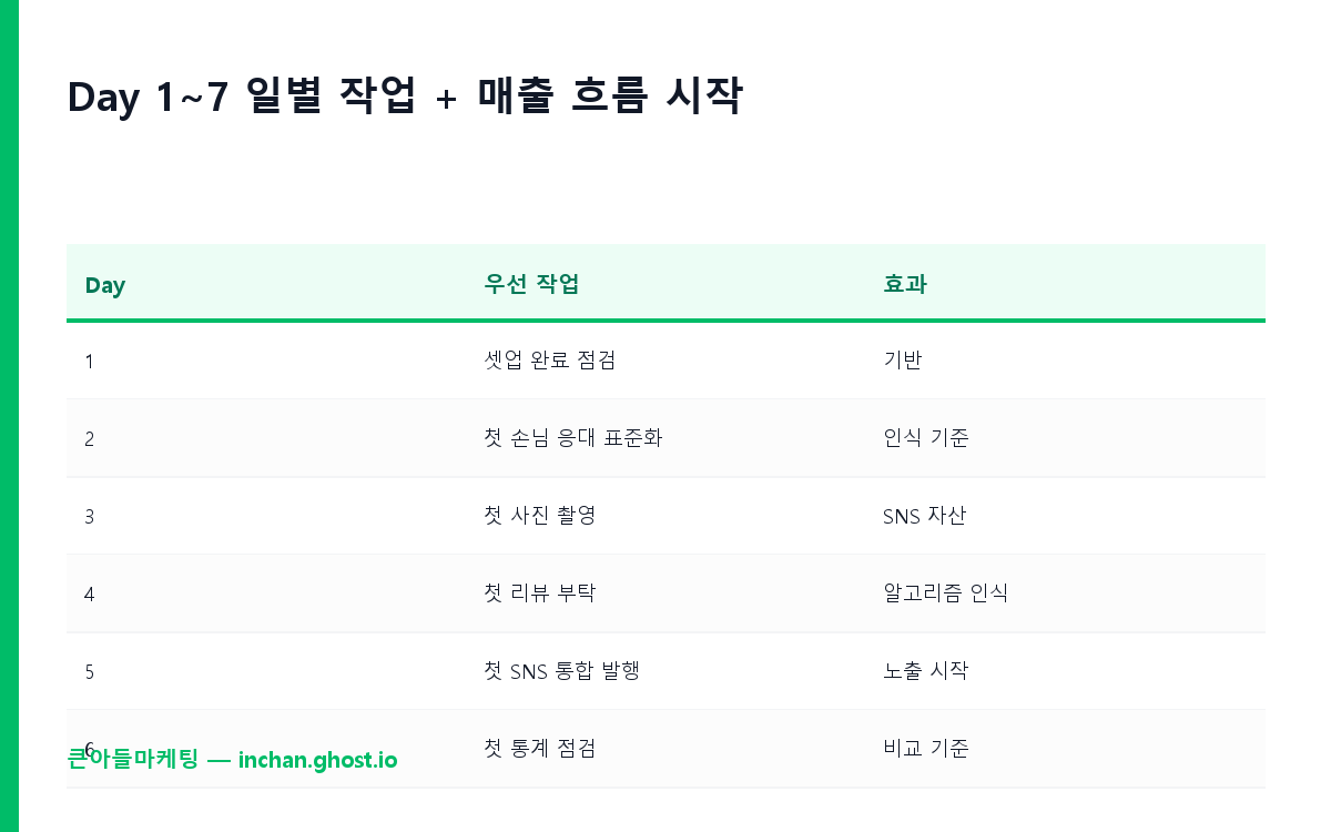 Day 1~7 일별 작업 + 매출 흐름 시작