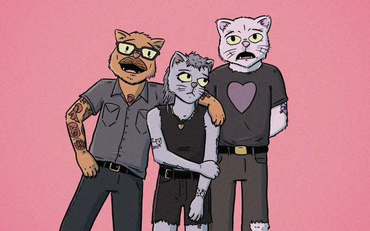 Three anthropomorphic cats in cool outfits posing for a group photo with varying levels of enthusiasm.