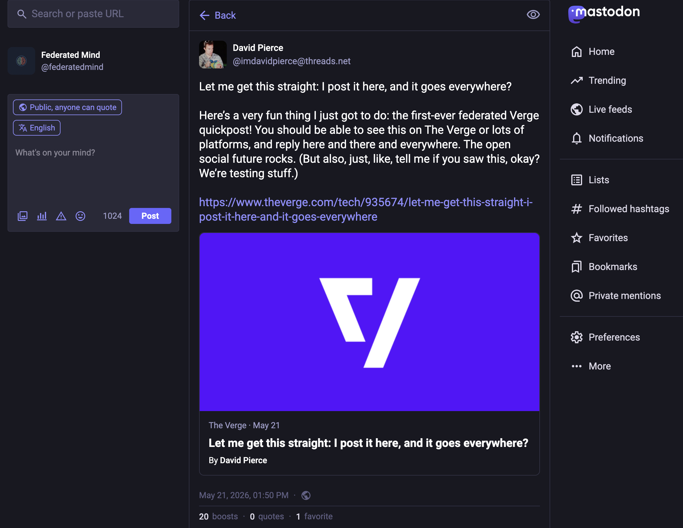 The same post, as it appears in Mastodon. The handle is @imdavidpierce@threads.net, a Threads account followed natively from a Mastodon server.