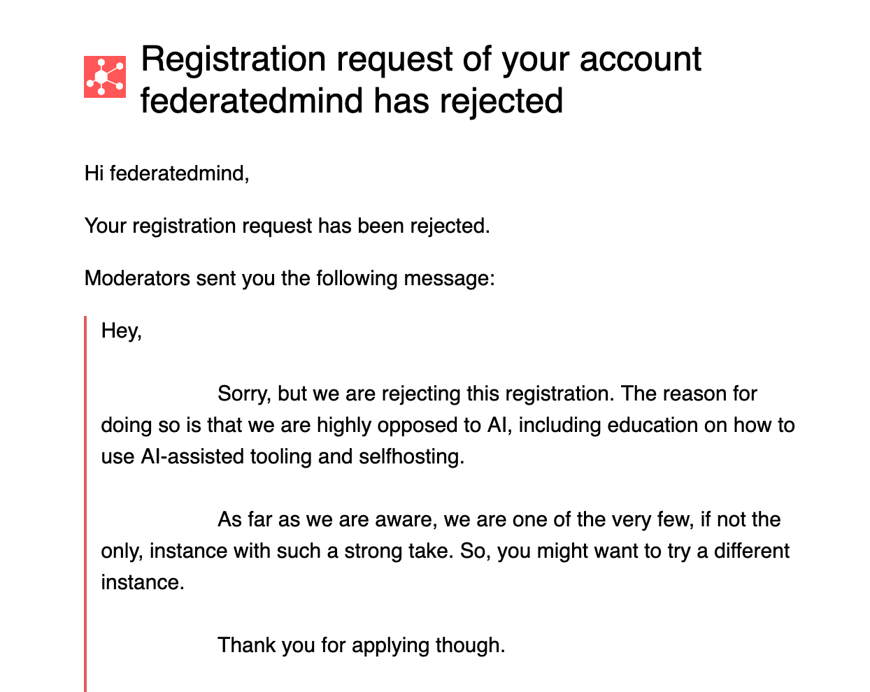 Peertube instance rejection email