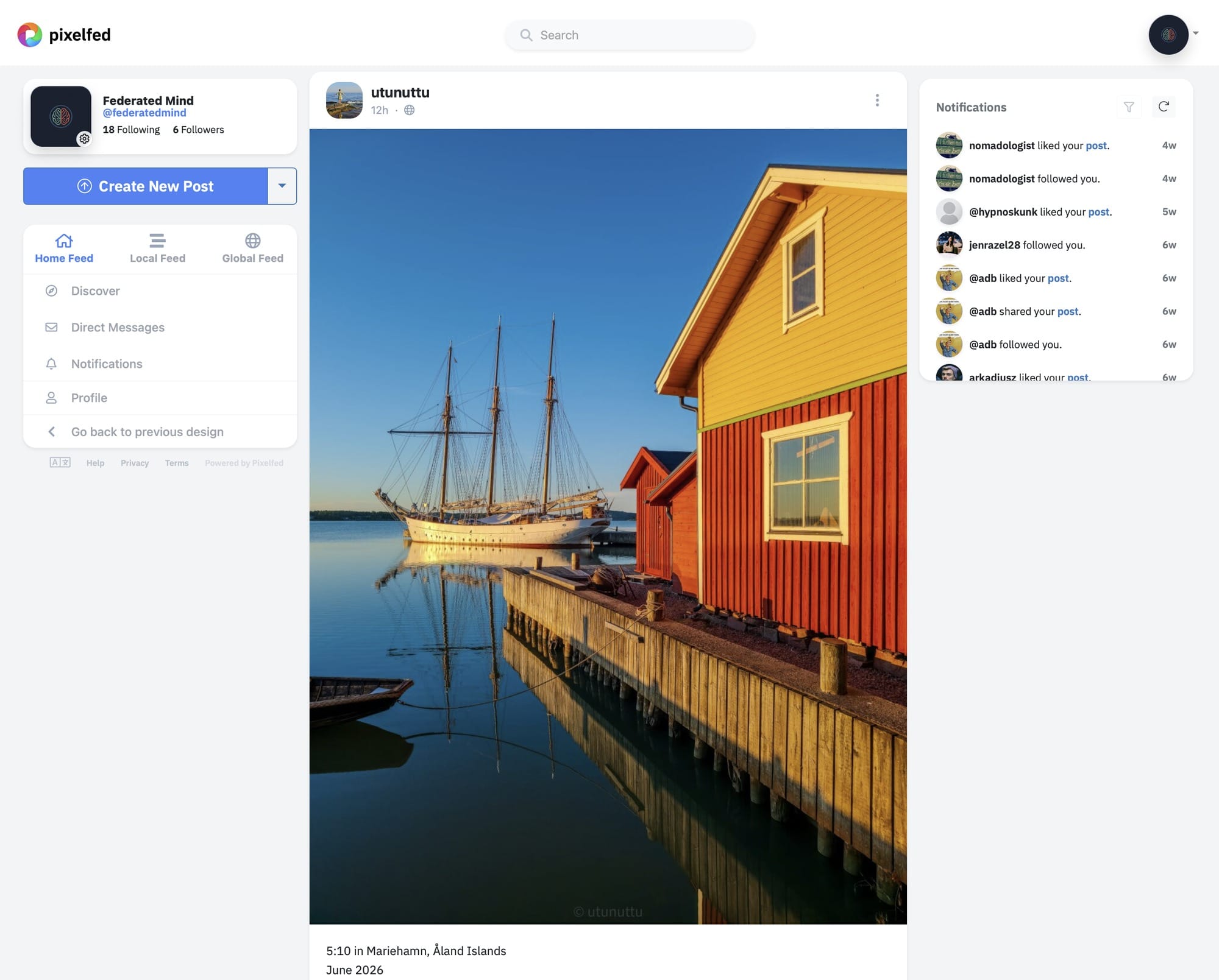 The Pixelfed home feed showing the Federated Mind profile sidebar, a photo post of a sailing ship in Mariehamn, Åland Islands by utunuttu, and a notifications panel with likes, follows, and shares from other fediverse users