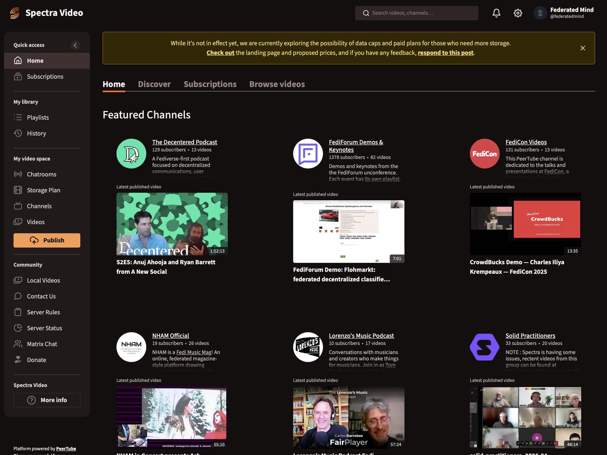The spectra.video home page showing Featured Channels including The Decentered Podcast, FediForum Demos and Keynotes, and FediCon Videos, with the Federated Mind account logged in and a left sidebar showing library, channels, and community navigation