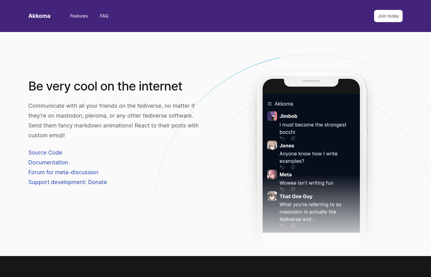 The Akkoma project landing page at akkoma.social, showing the tagline 'Be very cool on the internet' alongside a phone mockup of the Pleroma-FE timeline