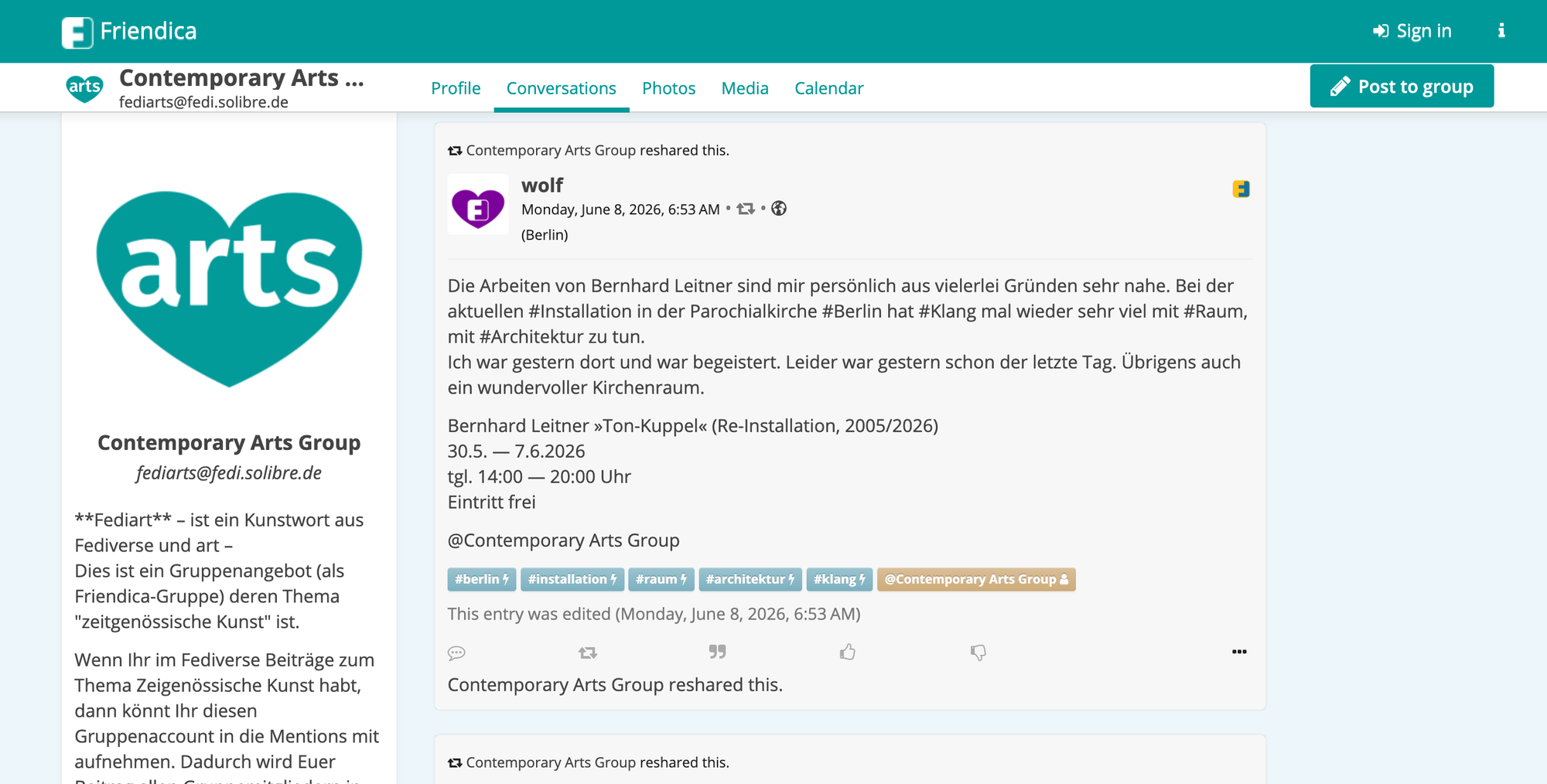 he Friendica community timeline on Fediart, showing the classic Friendica interface with sidebar navigation and a federated post