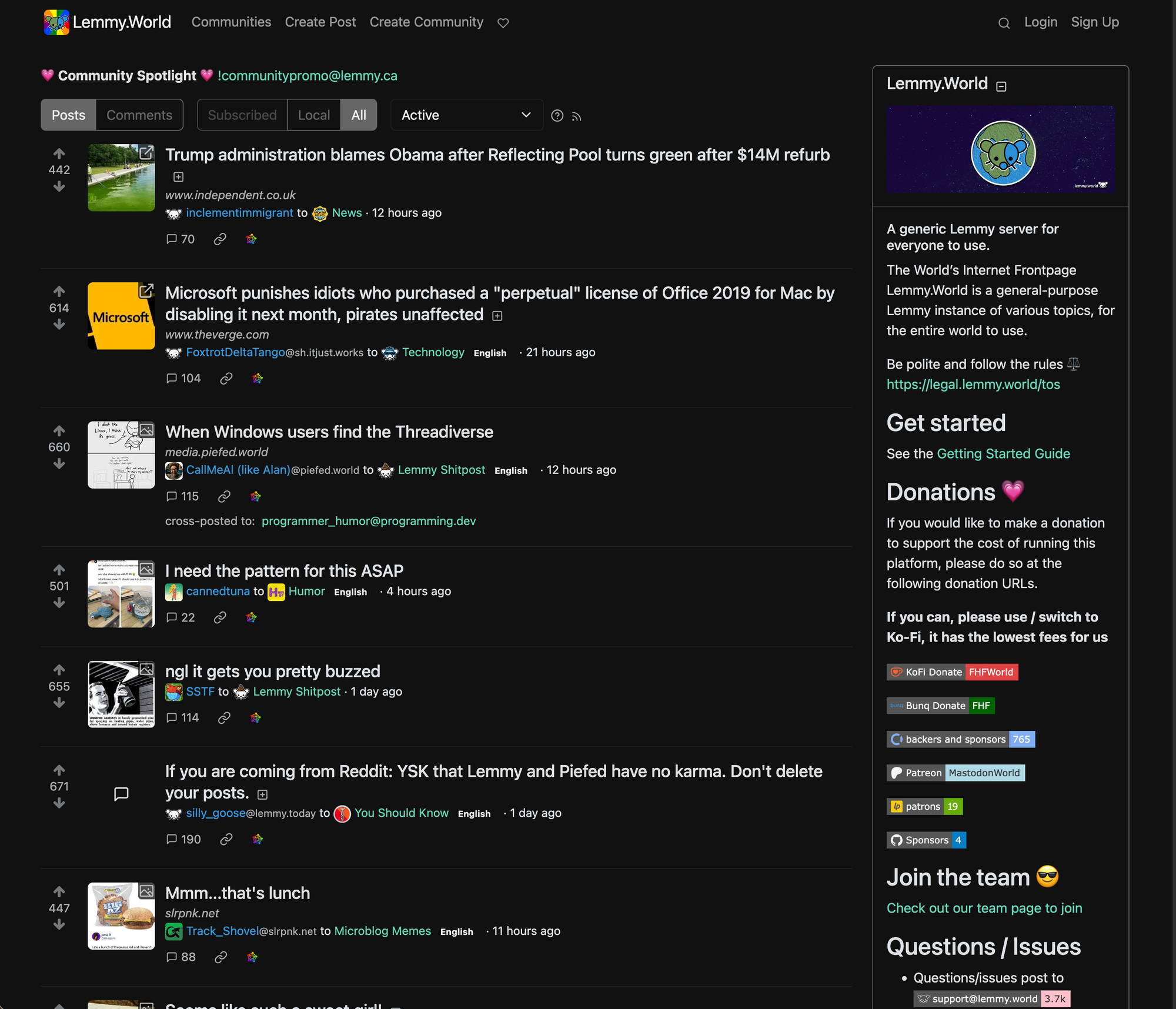 The Lemmy front page on Lemmy.world, showing Reddit-style community posts with upvotes, comments, and the sidebar rules panel