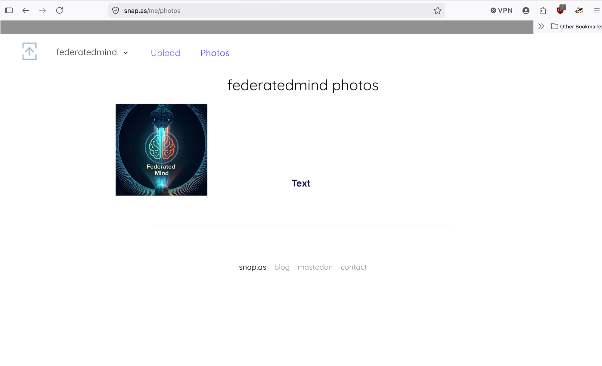 The snap.as photo page showing a minimal interface with an uploaded photo, Upload and Photos navigation links, and footer links to snap.as, blog, mastodon, and contact