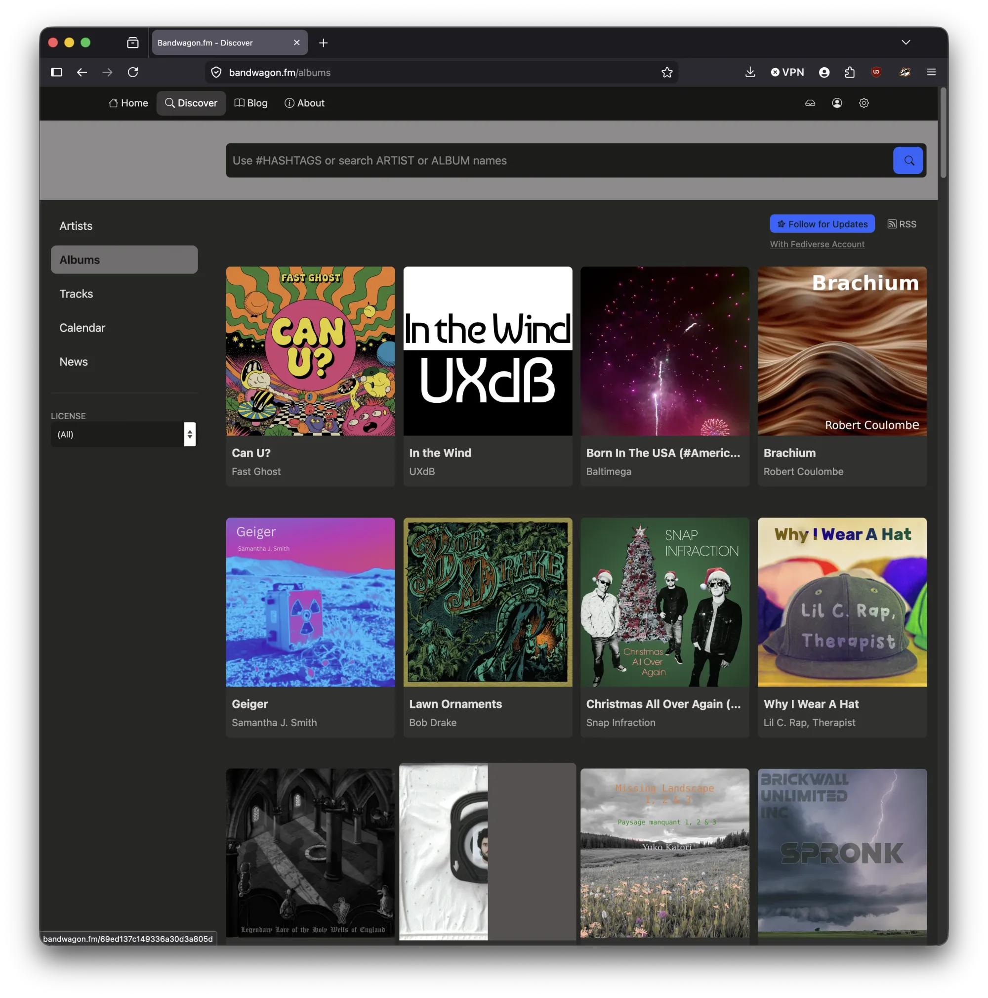 Screenshot for Bandwagon's Discover page: a storefront musicians sell directly from, built on Ben Pate's Emissary framework.