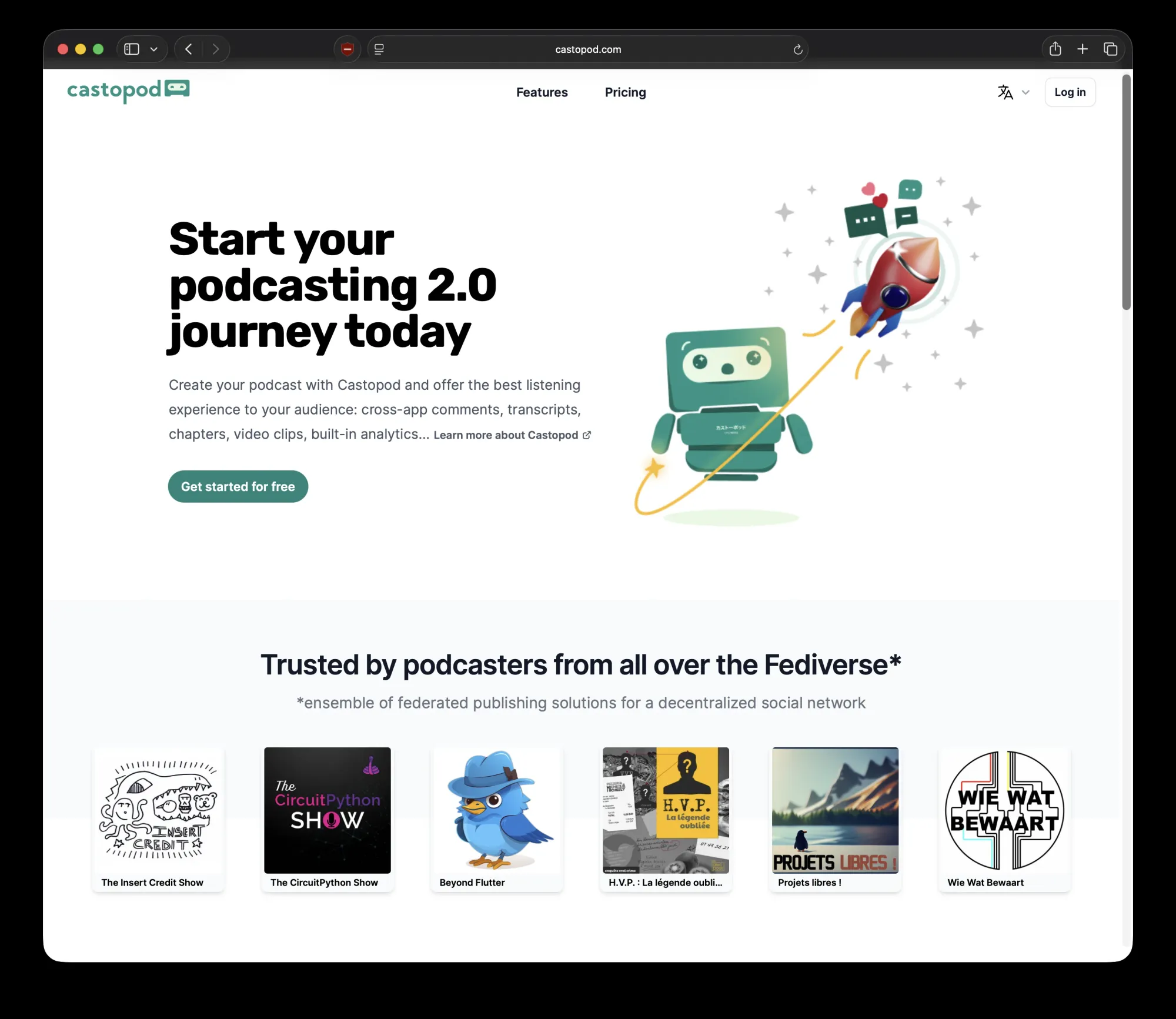 Screenshot for Castopod: federated podcast hosting, open source and self-hostable.