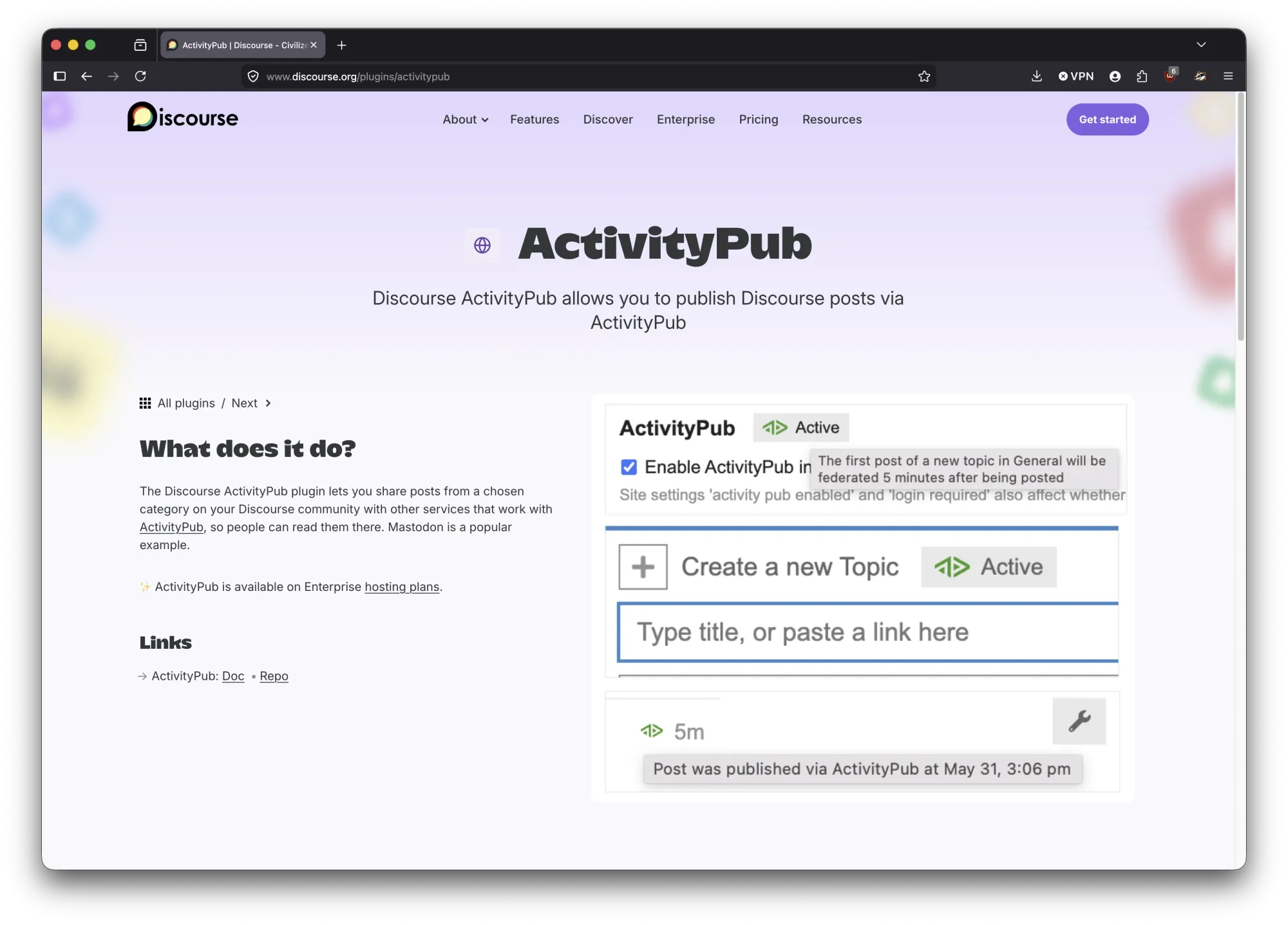 Screenshot for Discourse's official ActivityPub plugin page: what it does, and an example of a federated post.