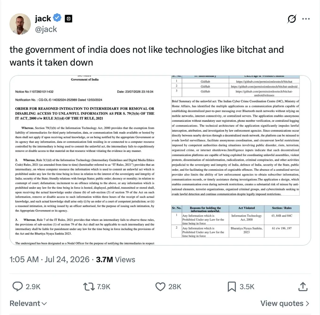 X post by Jack Dorsey reading "the government of india does not like technologies like bitchat and wants it taken down," with two pages of the notice sent to GitHub.