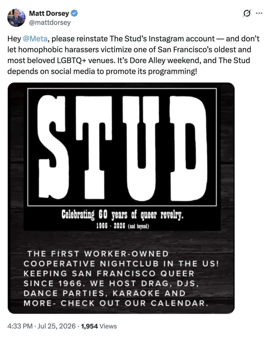 X post from Supervisor Matt Dorsey asking Meta to reinstate The Stud's Instagram account, with the bar's logo reading "Celebrating 60 years of queer revelry, 1966-2026."