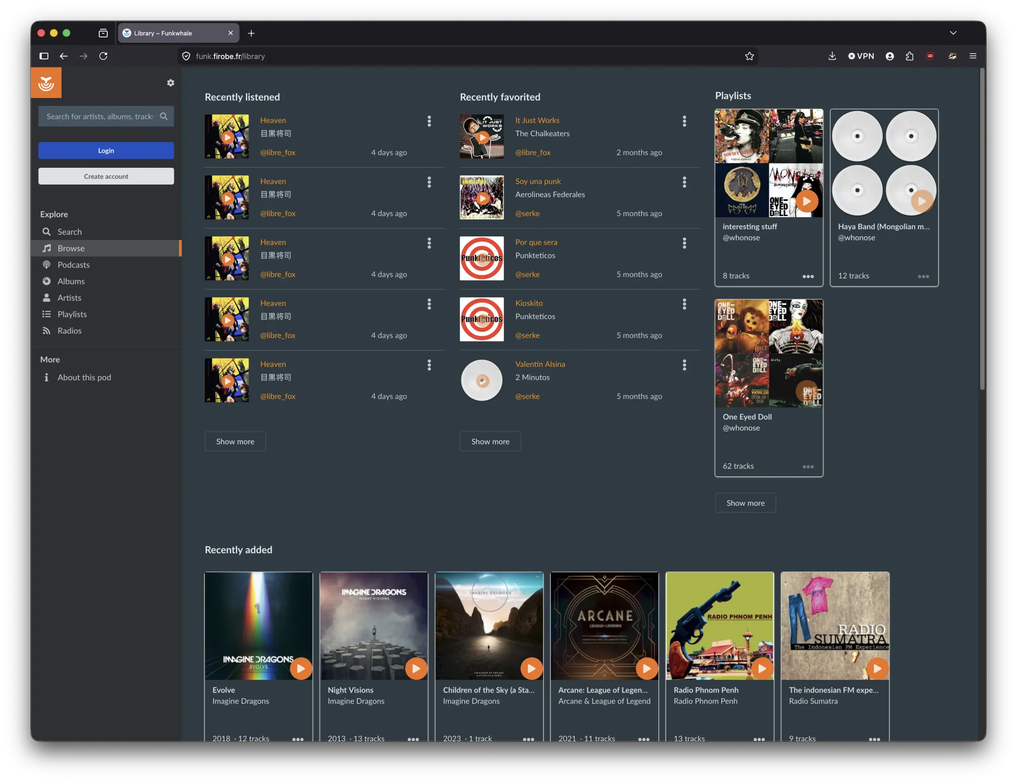 A screenshot of A Funkwhale pod's library view: self-hosted, federated music streaming, built as a direct successor to Grooveshark's social listening features.