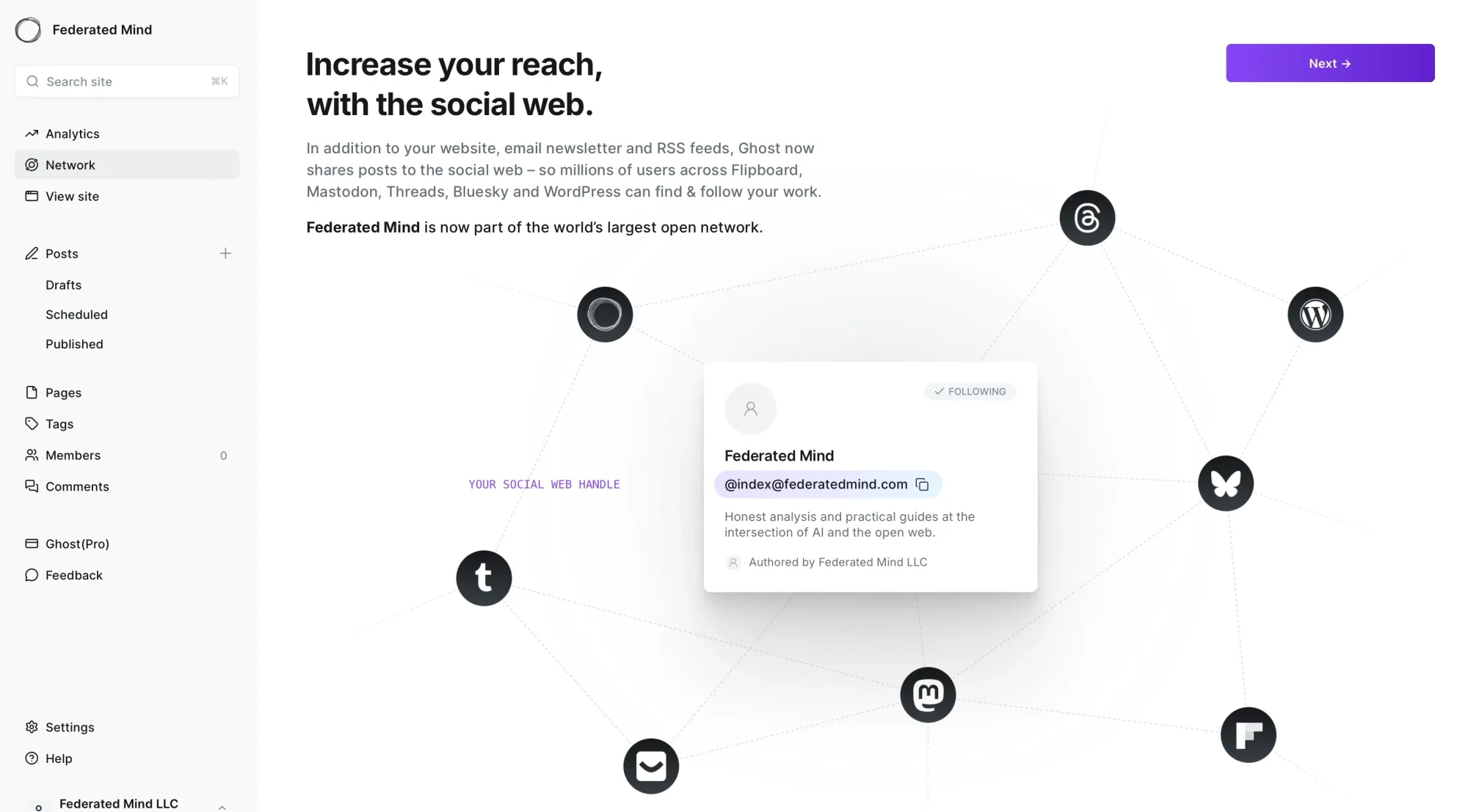 Screenshot from when Federated Mind was setting up ActivityPub federation. The Network tab is where this activity happens. The actor card in the center surrounded by other open social web platforms like Mastodon, Bluesky, Threads, Flipboard, etc.