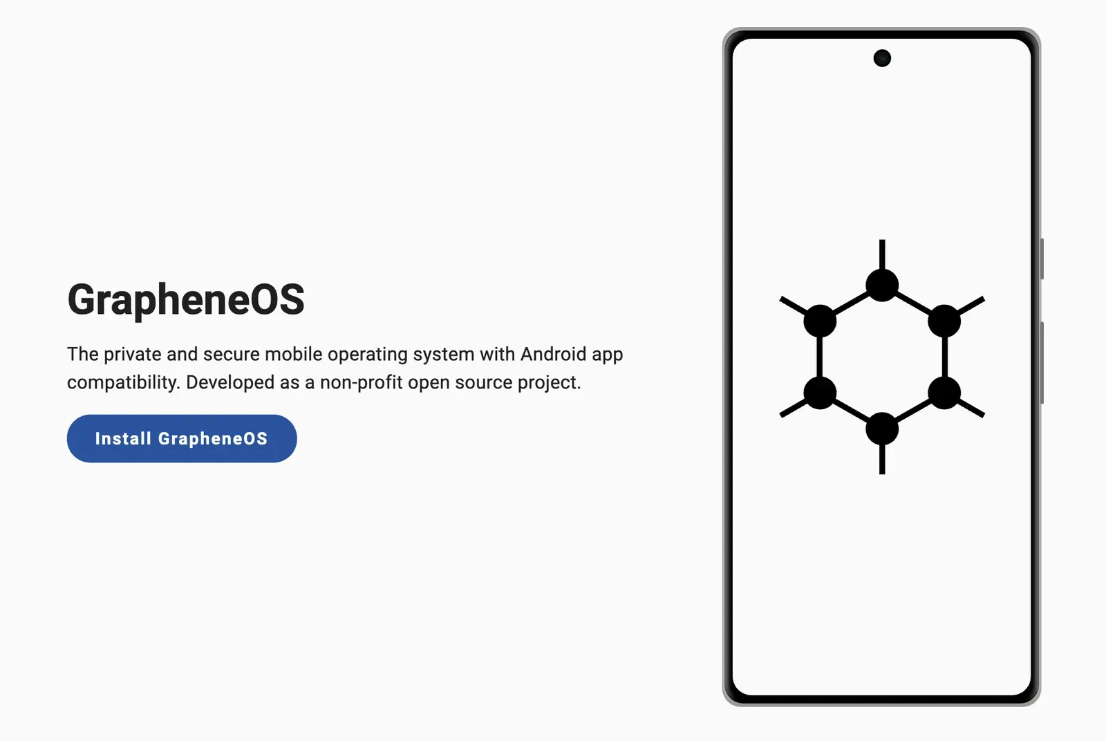 The GrapheneOS home page: the project name, the tagline "The private and secure mobile operating system with Android app compatibility," and a phone showing the hexagonal logo.