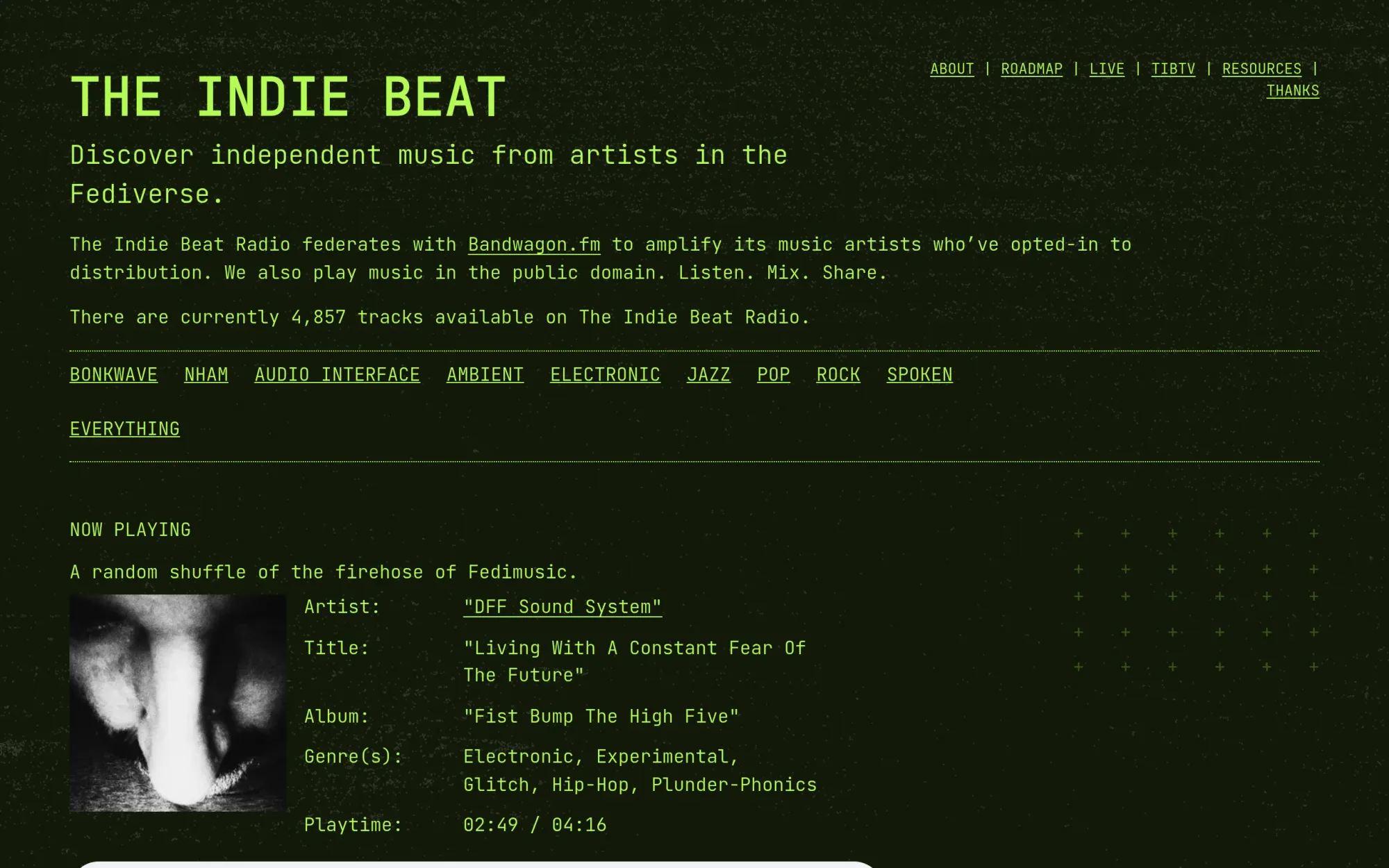 Screenshot for The Indie Beat: an independent internet radio station streaming from Bandwagon's opted-in catalogue.