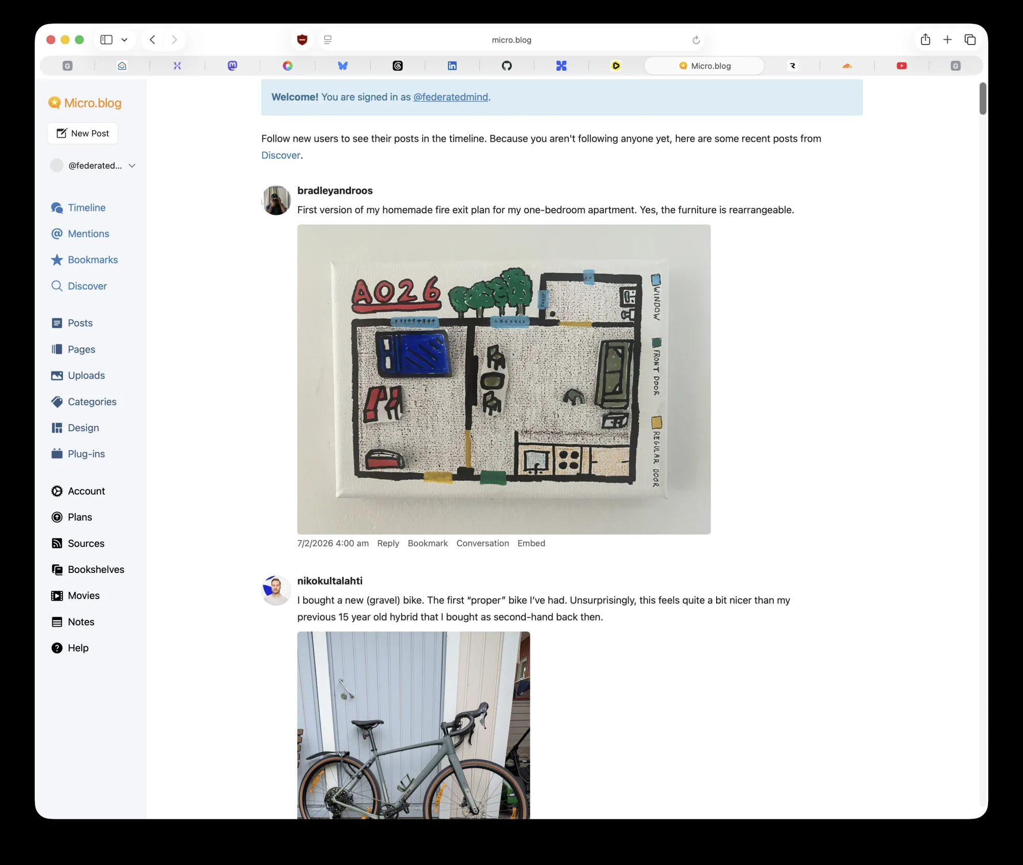 Screenshot of the Discover timeline, the default view for browsing posts from across Micro.blog.