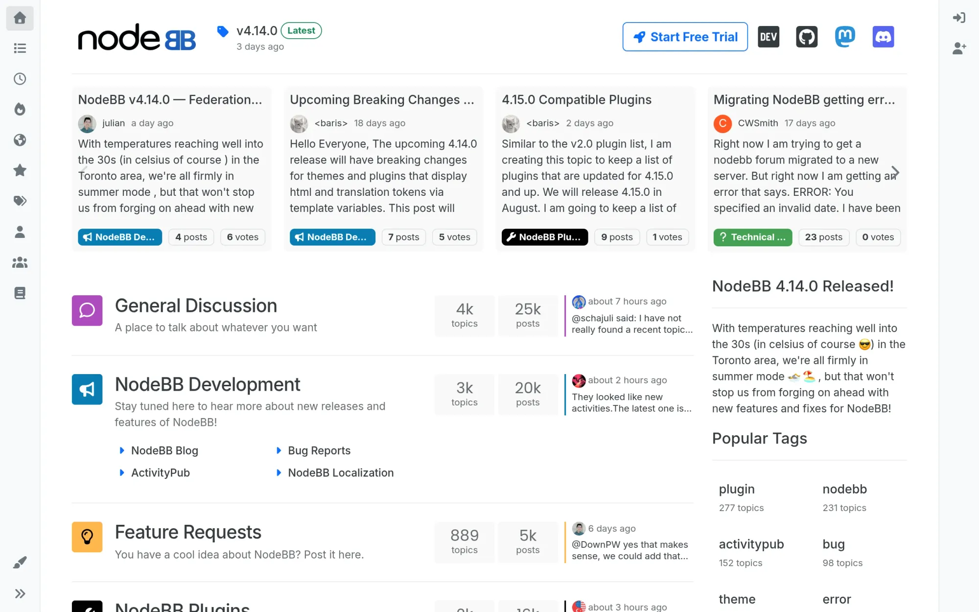 Screenshot of community.nodebb.org, the project's own free-to-join instance, running its federation work in the open.