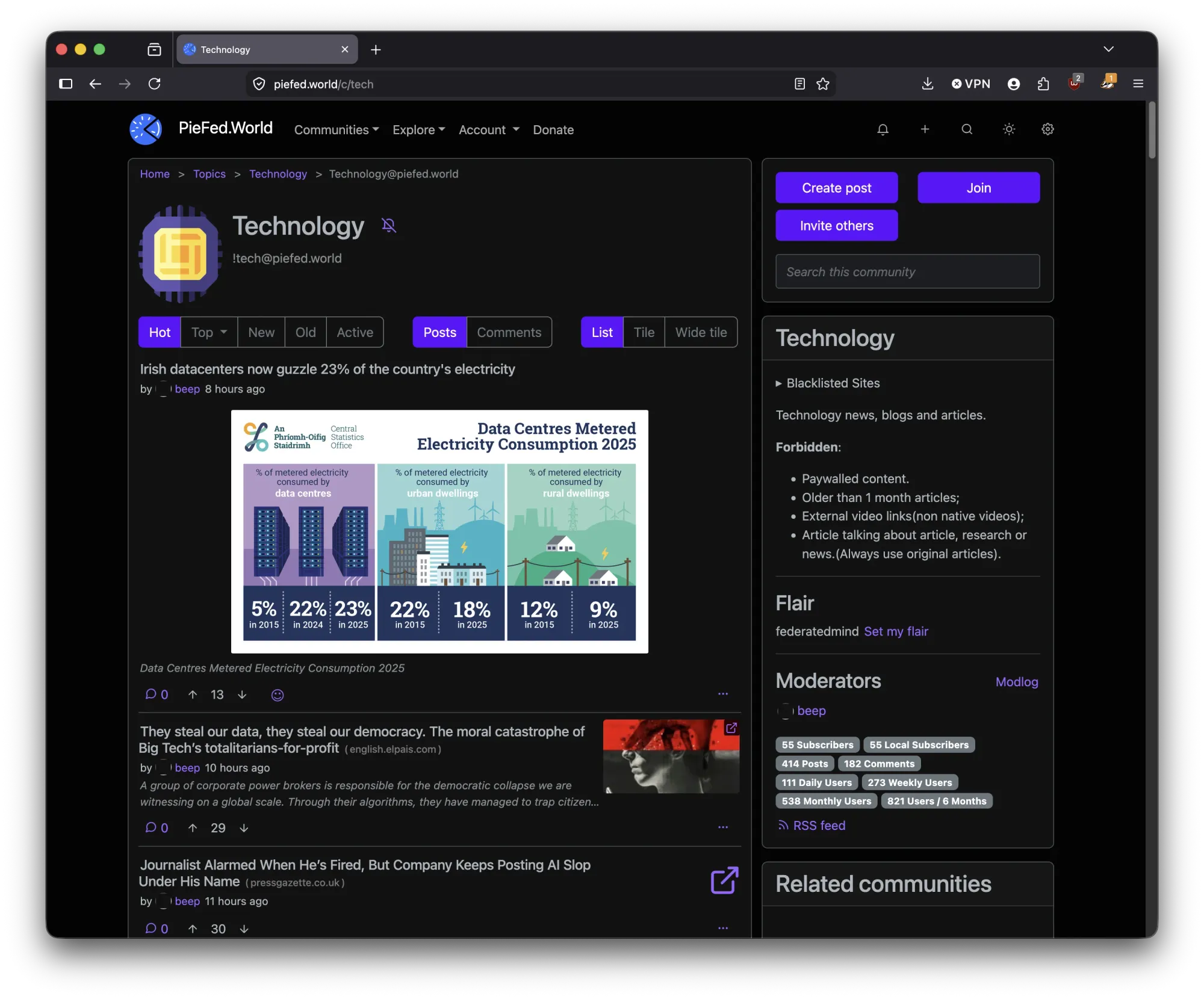 Screenshot for A PieFed community page: a simpler, Python-and-Flask alternative to Lemmy, with public modlogs and more granular per-instance moderation tools.
