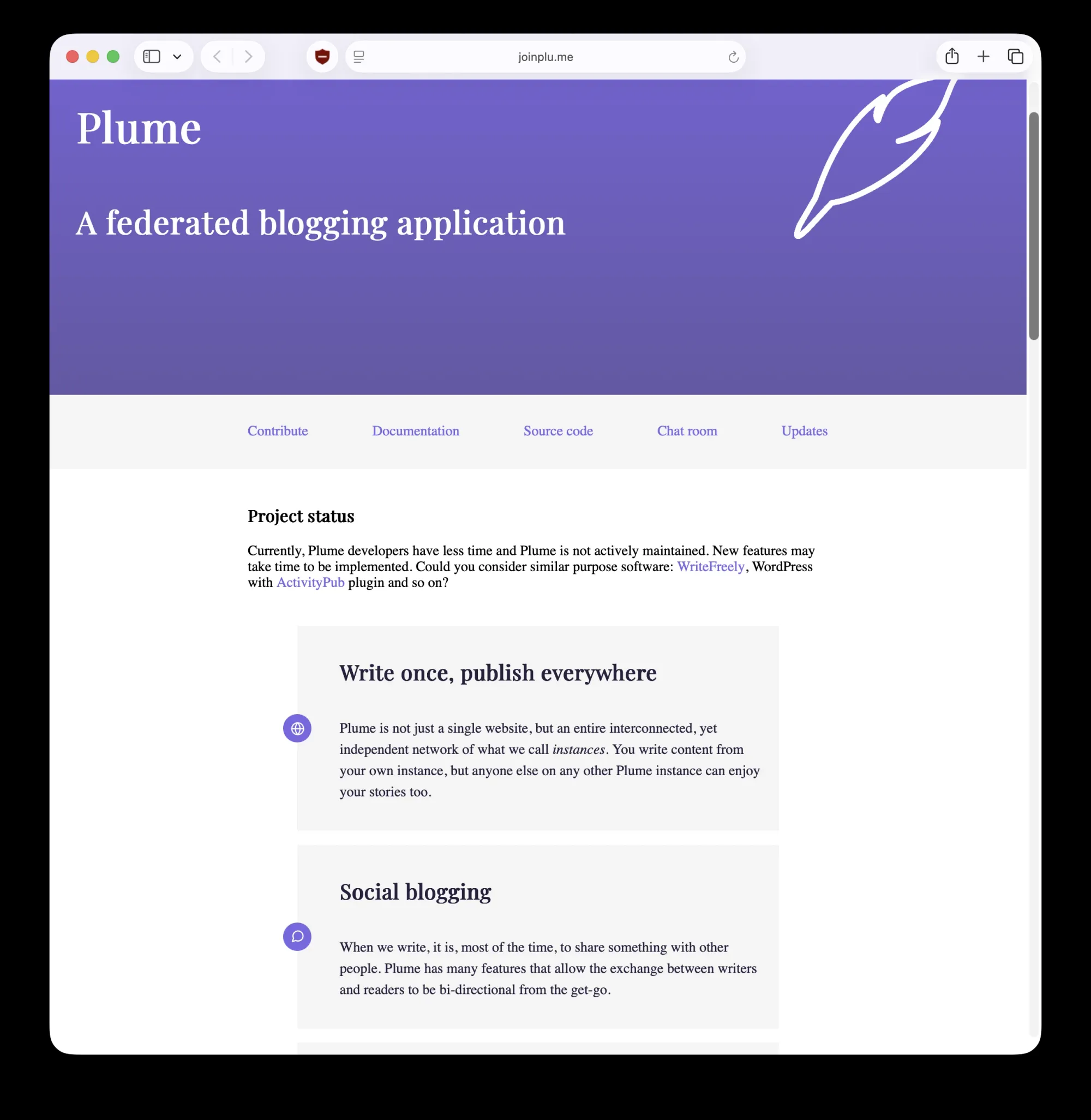 Screenshot of Plume's homepage which states its maintenance status directly above a description of its features.
