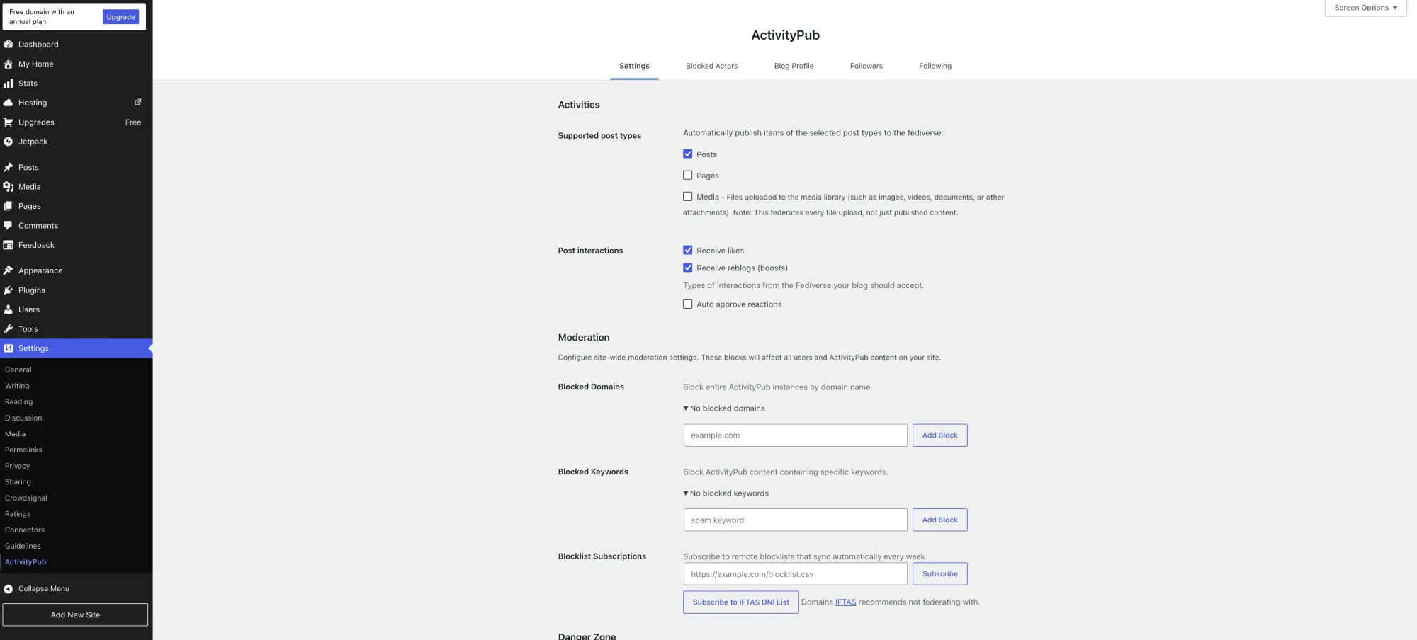 Screenshot of the Settings tab showing ActivityPub settings page on a free WordPress.com account. Moderation and blocklist controls can be seen alongside options like "Supported post types" & "Post interactions"