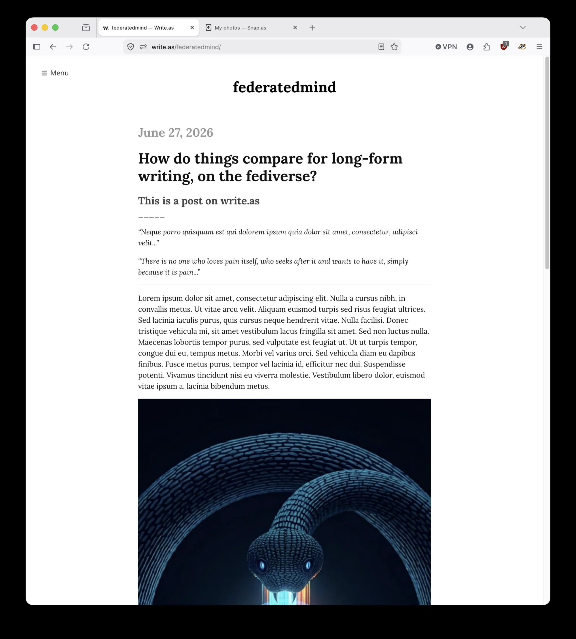 Screenshot of a "lorem ipsum" post on Write.as, the hosted product built on the same codebase as self-hosted WriteFreely.