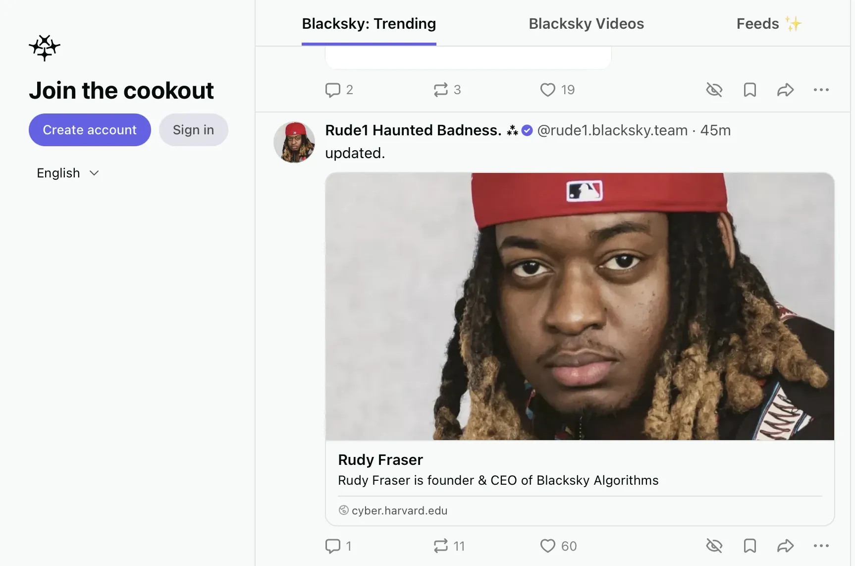 Trending' feed, with a post from Rudy Fraser (@rude1.blacksky.team) and a card reading 'Rudy Fraser is founder & CEO of Blacksky Algorithms'