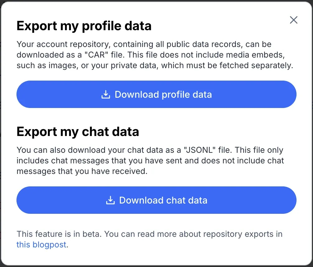 Screenshot of Bluesky's Export my profile data dialog, offering a CAR-file download of the account repository and a separate JSONL chat-data download