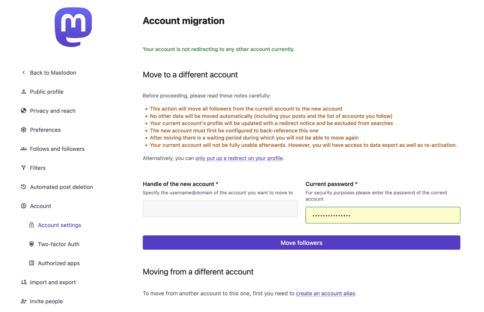 Screenshot of Mastodon's Account migration settings page, listing warnings that the move transfers all followers but no other data, updates the old profile with a redirect notice, and requires the new account to be set as an alias first