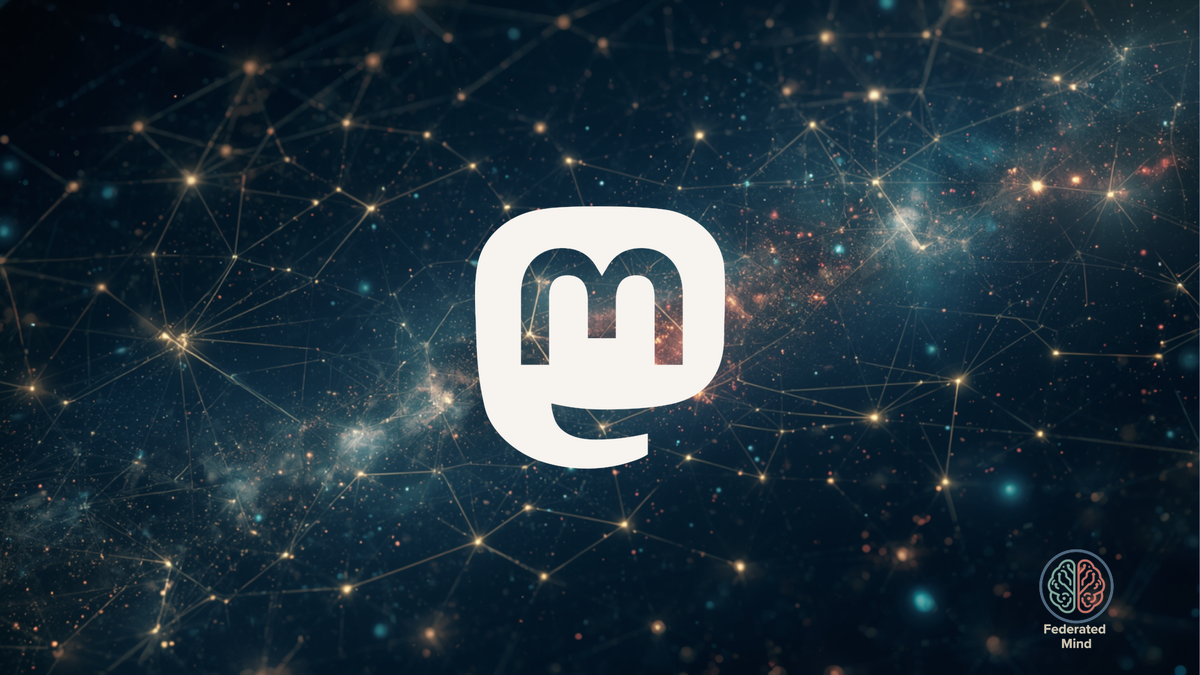 The Mastodon logo at the center of a cosmic web of nodes and glowing filaments — Mastodon as a constellation of communities. 