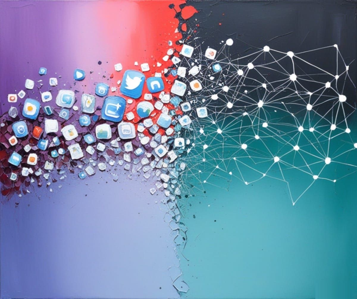 Social media app icons fragmenting and dissolving into an open network of connected nodes