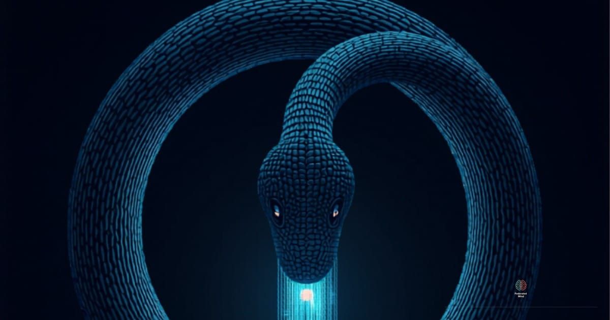 A glowing serpent curled in an ouroboros — the ancient symbol of a snake consuming its own tail — rendered against a dark navy background with flowing data streams in cyan and green.